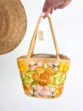 DEADSTOCK 60’s 60s Vintage Hand-Embroidered Straw Raffia Tote Bag Purse Handbag